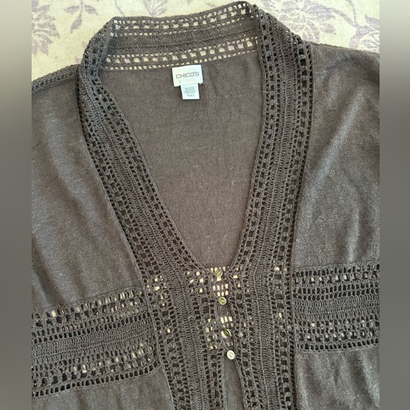 Women’s Chico's Elegant Lightweight Dark Brown Crochet Angel Sleeve Cardigan - Picture 4 of 6